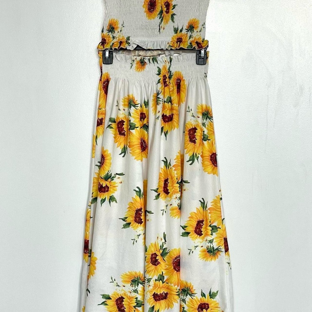 White & yellow sunflower smocked strapless tube top & midi skirt set | Size S - Picture 4 of 5